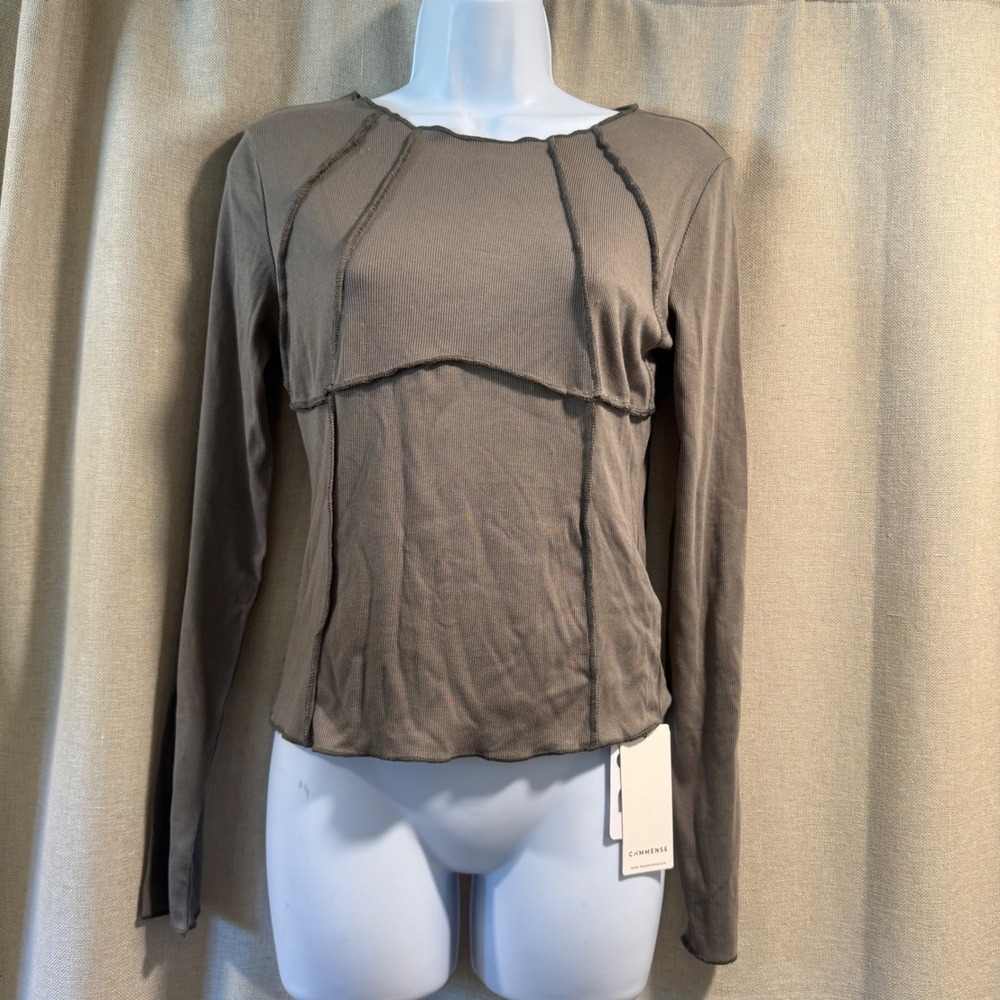 Commense Womens Long Sleeve Ribbed Top Textured‎ Stitching Detail - Olive Green